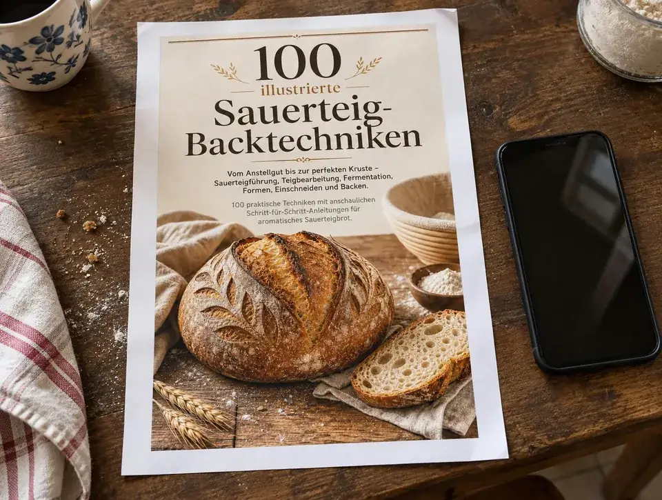 Ausgedruckte Sauerteig-Backtechniken im A4-Format auf einem Tisch neben einem Smartphone