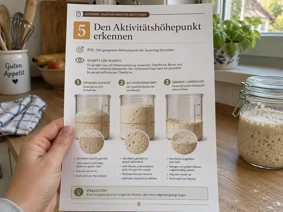 Eine Hand hält die ausgedruckte A4-Anleitung zum Aktivitätshöhepunkt des Sauerteigs