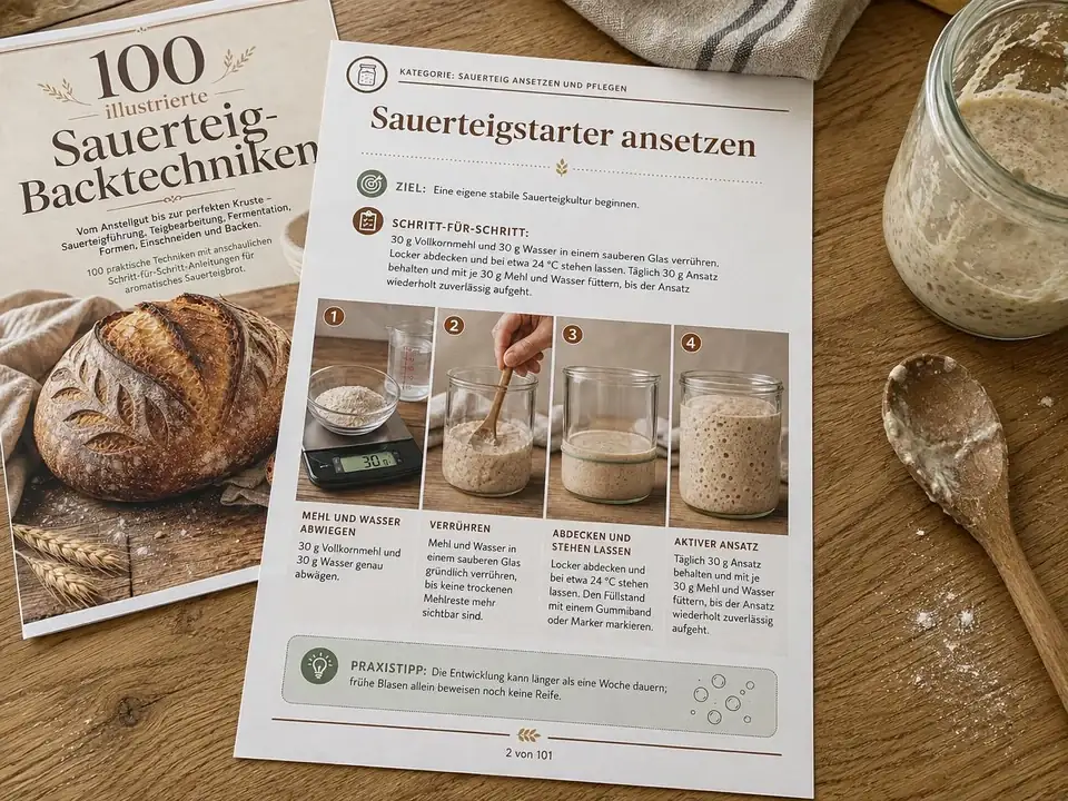 Ausgedruckte Seiten des Sauerteig-Ratgebers im A4-Format auf einem Tisch